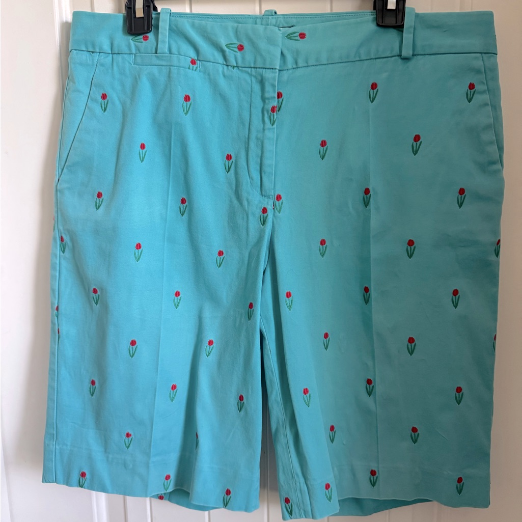 Talbots Bermuda Shorts, Aqua W/Embroidered Red Tulips, Perfect Summer Attire, 12